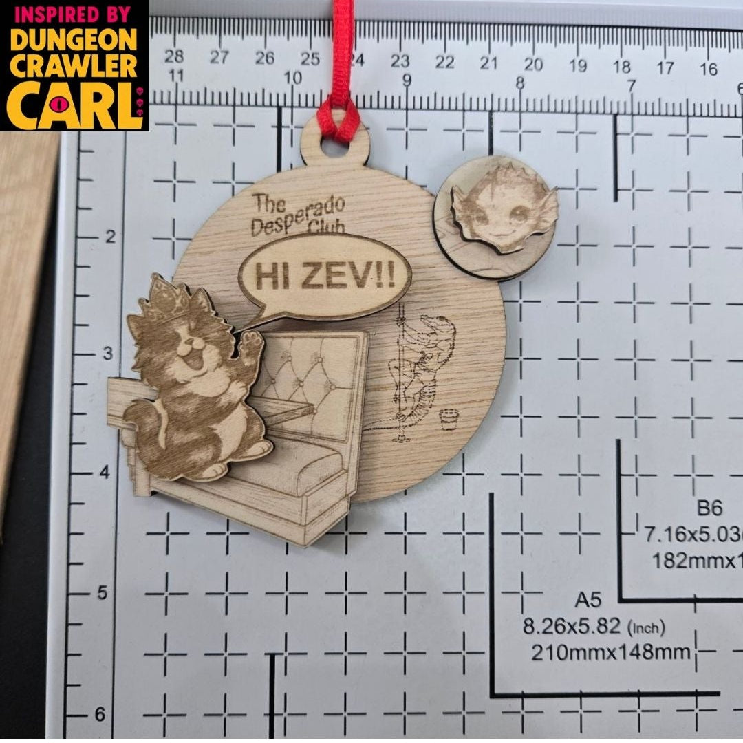 Dungeon Crawler Carl Ornament – Princess Donut "Hi Zev" Handmade Laser Engraved Wood Christmas Ornaments
