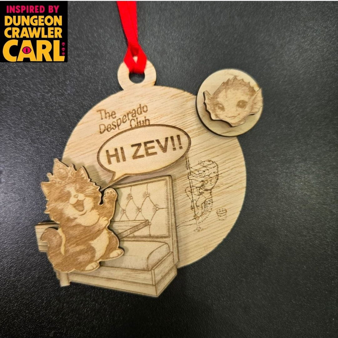 Dungeon Crawler Carl Ornament – Princess Donut "Hi Zev" Handmade Laser Engraved Wood Christmas Ornaments