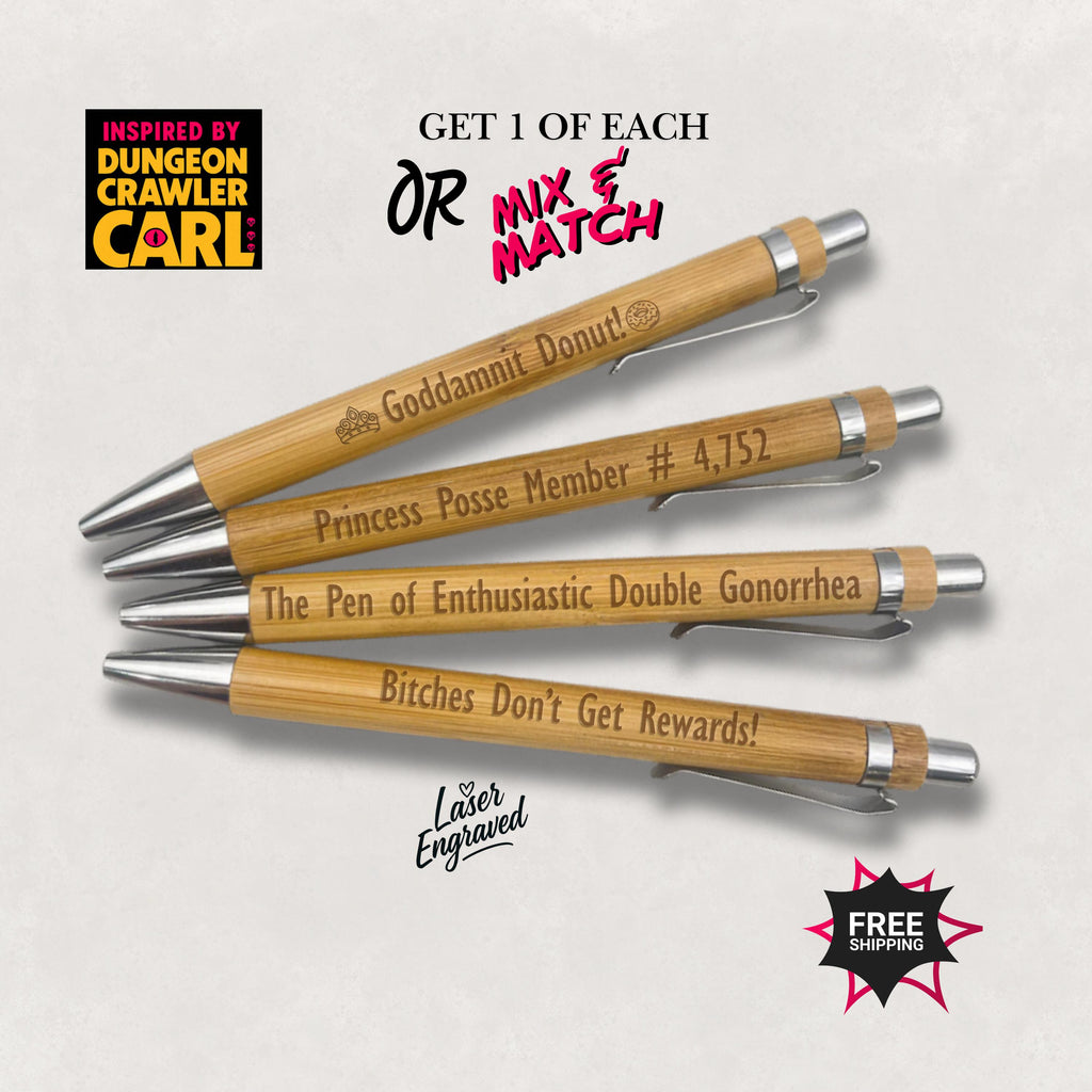 Four wooden pens with laser engraved text on a light gray background, inspired by Dungeon Crawler Carl.