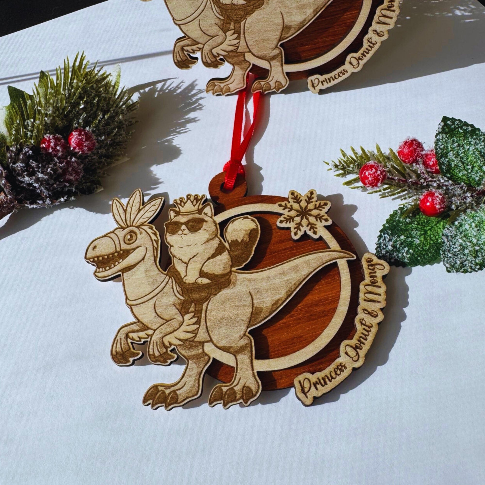Dungeon Crawler Carl Ornament – Princess Donut & Mongo Handmade Laser Engraved Wood Christmas Ornaments