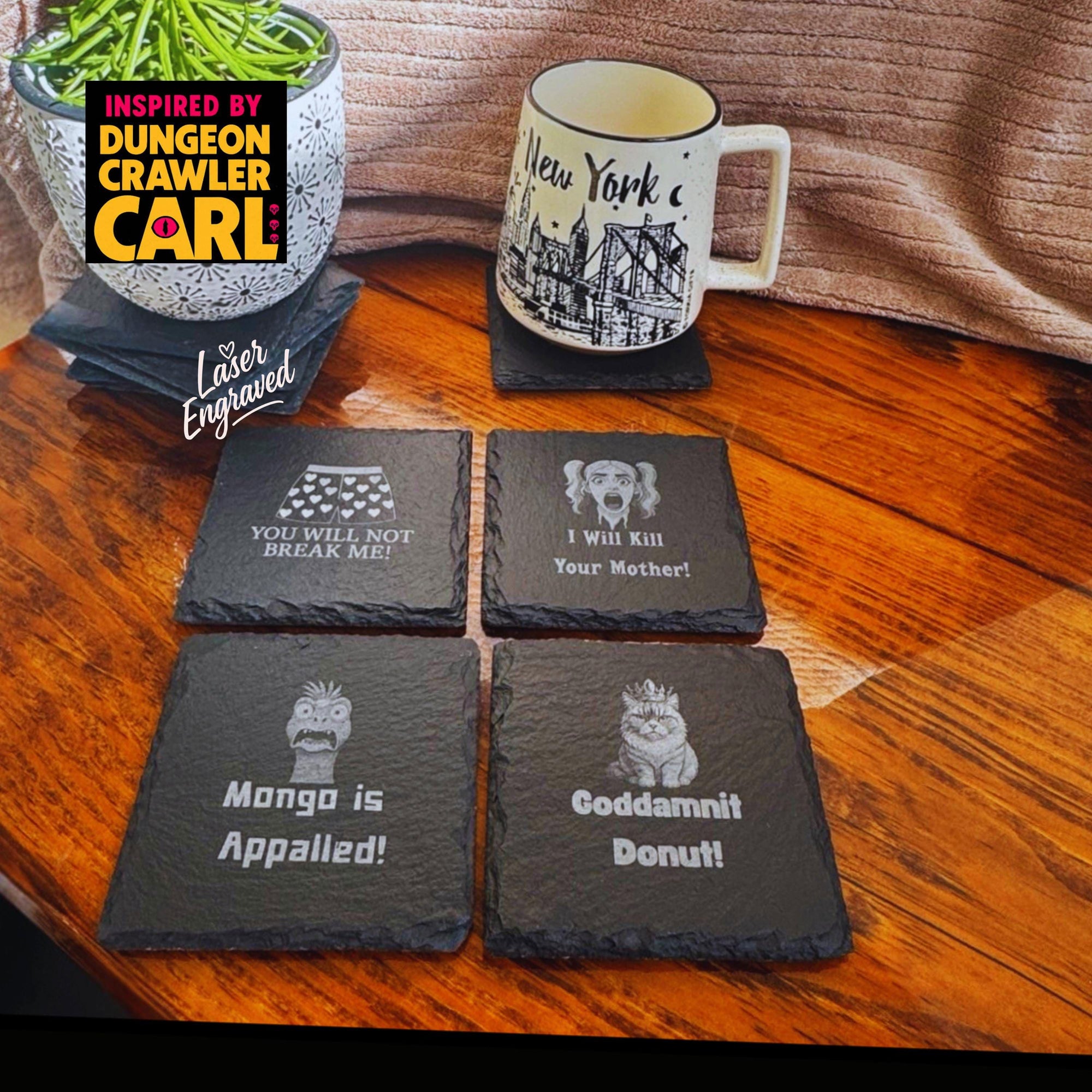 Dungeon Crawler Carl Coasters: Laser Engraved Slate, LitRPG Gamer Gift | Dungeon Crawler Gift