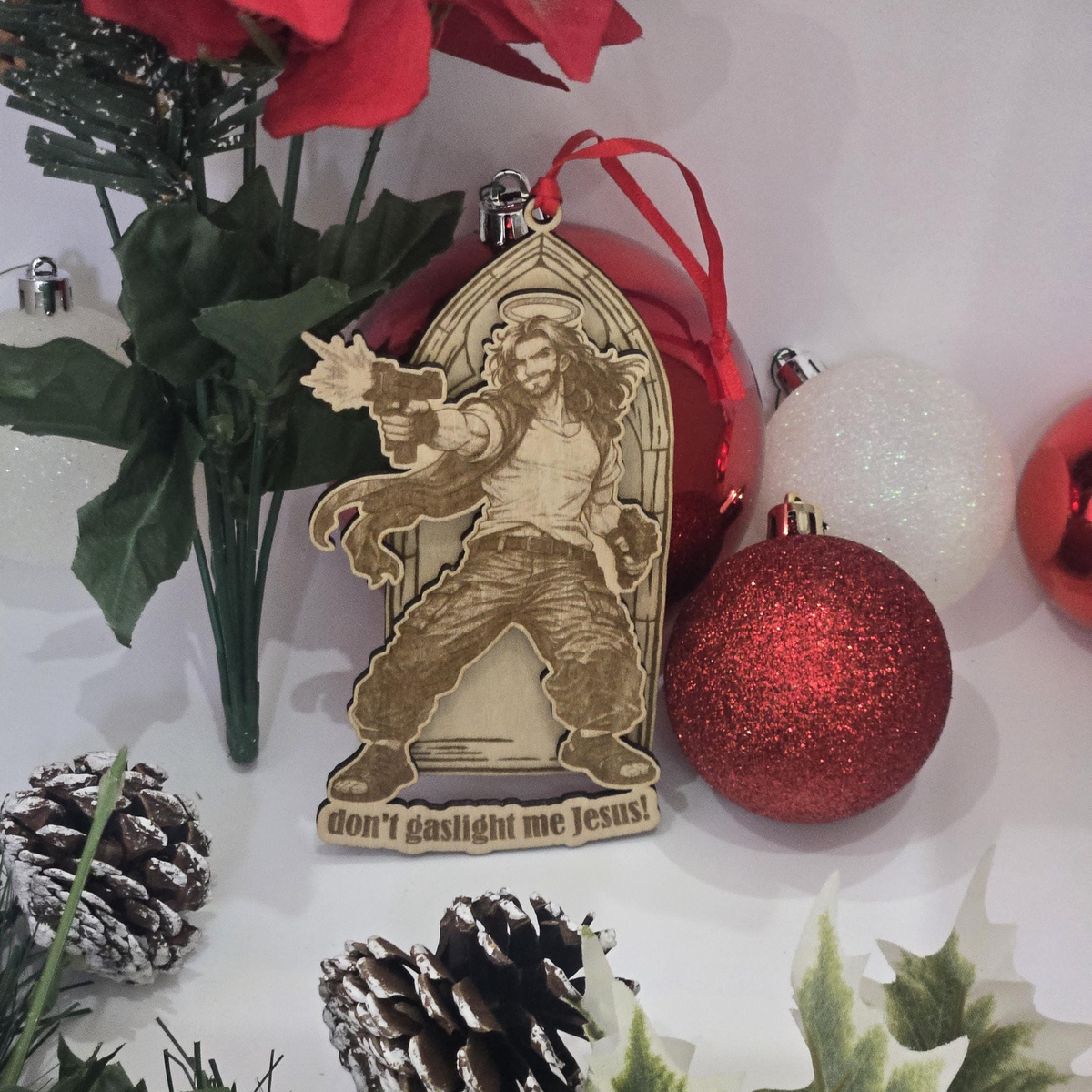 Dungeon crawler carl christmas ornament – uzi jesus – handmade