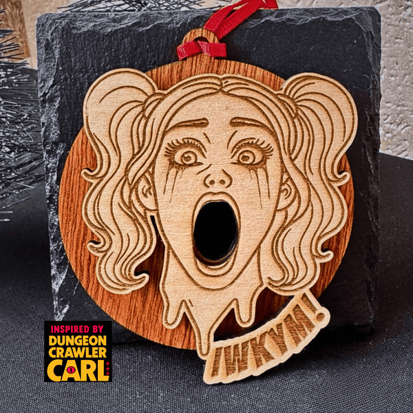Dungeon Crawler Carl Christmas Ornament – Samantha “IWKYM" Laser Engraved