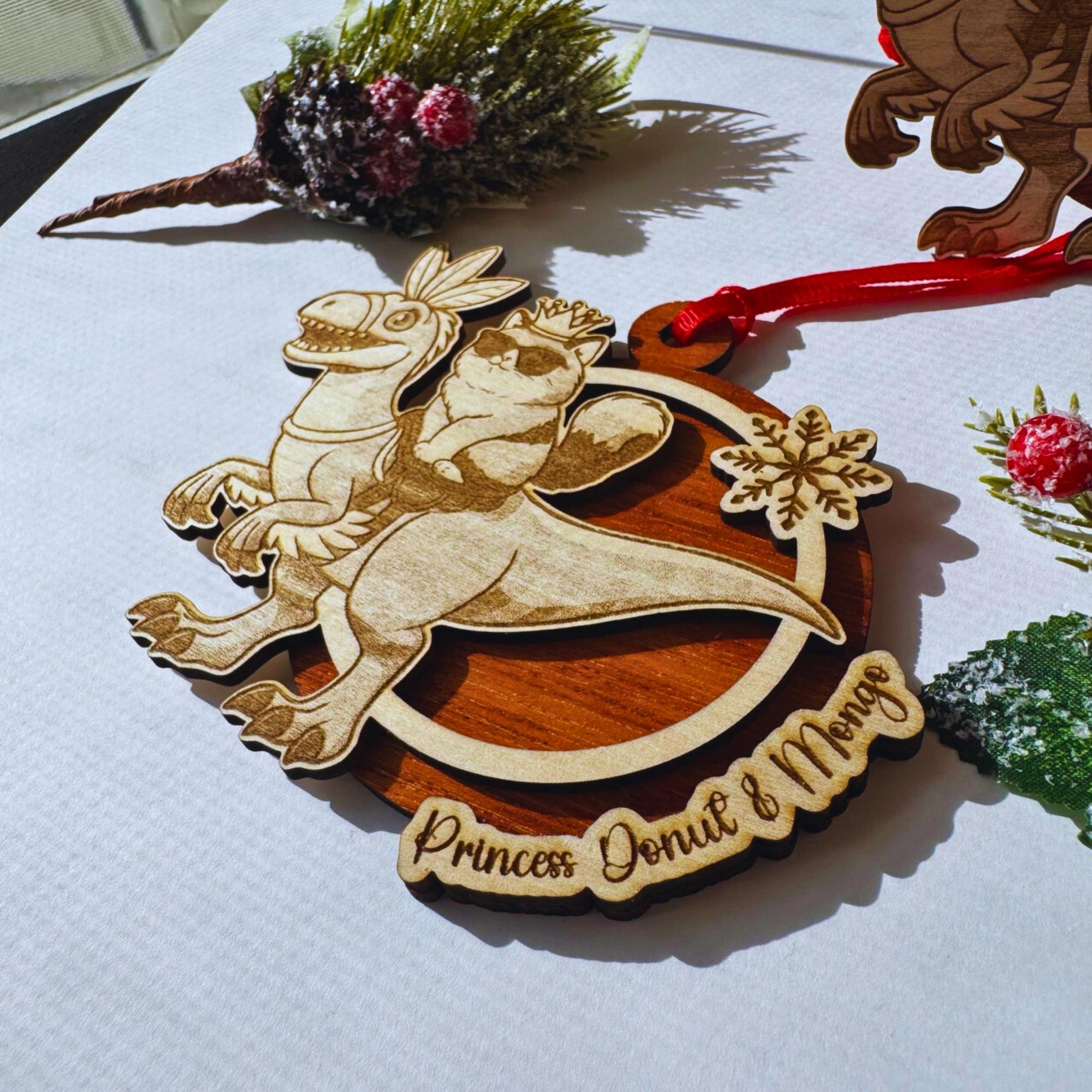 Dungeon Crawler Carl Ornament – Princess Donut & Mongo Handmade Laser Engraved Wood Christmas Ornaments