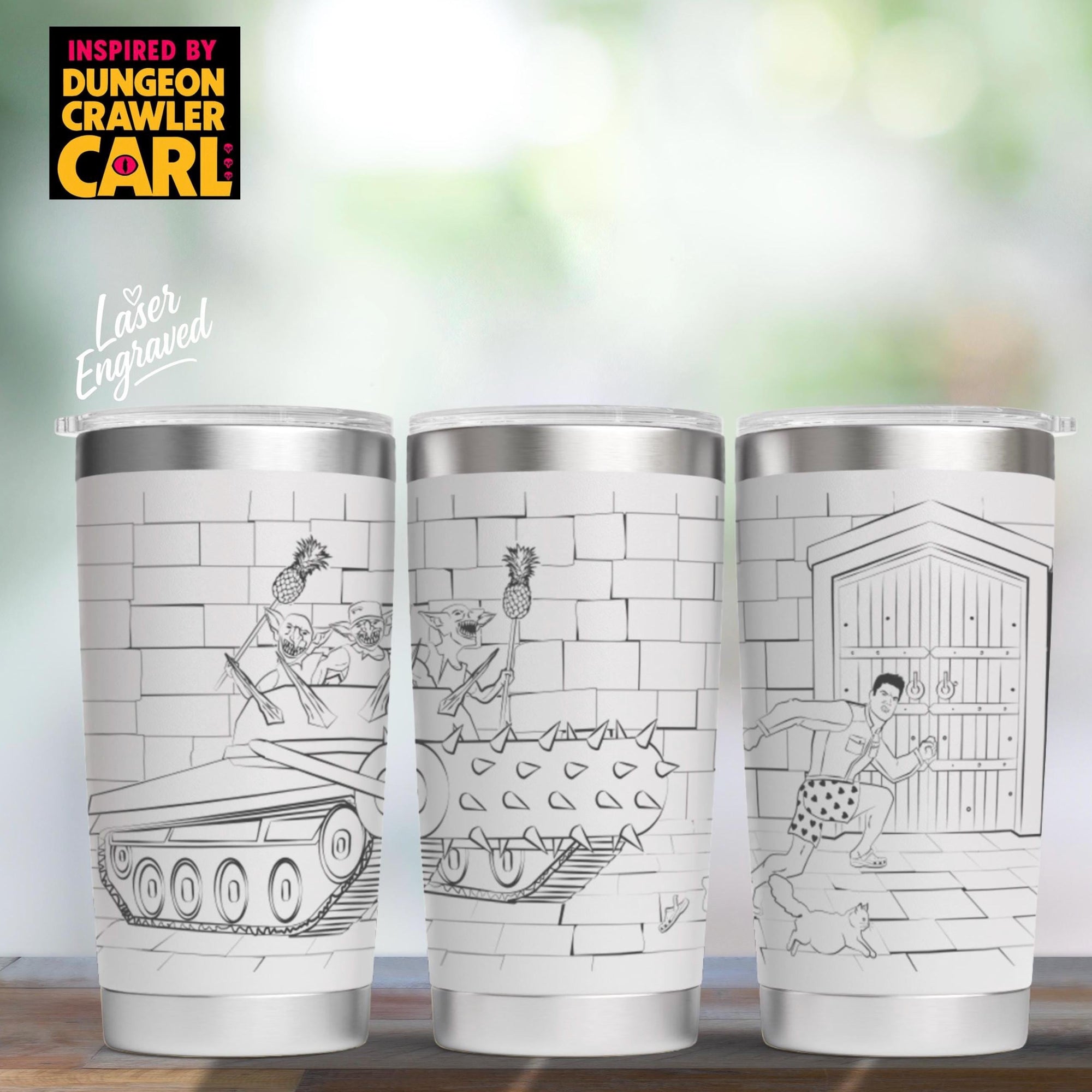 Dungeon Crawler Carl Tumbler | Full Wrap Engraved Cup with Carl & Princess Donut | LitRPG Fan Gift Book Lover